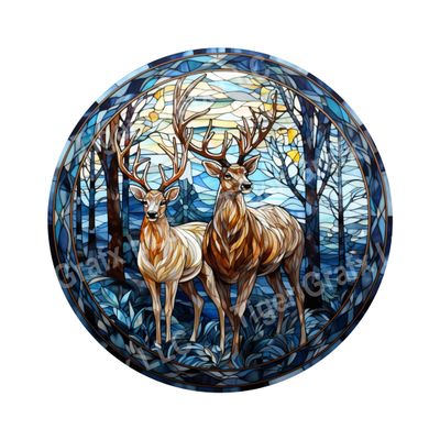 Watercolor faux stained glass blue deer Round Metal Sign