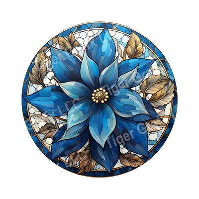 Watercolor faux stained glass blue poinsettia flower Round Metal Sign