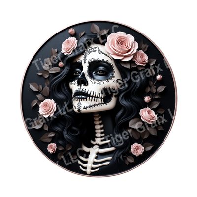 Skeleton girl with pink roses Halloween Round Metal Sign