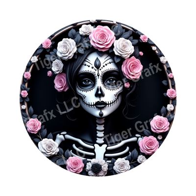 Skeleton girl with pink and white roses Halloween Round Metal Sign