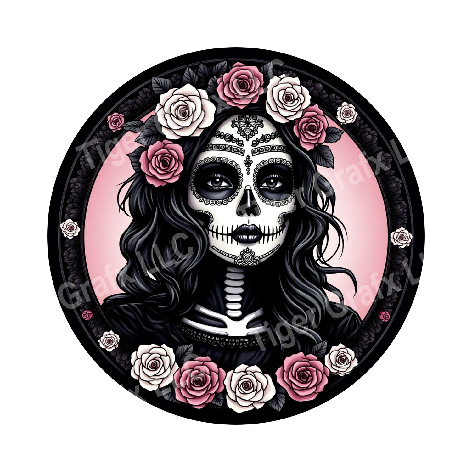Skeleton girl with pink roses Halloween Round Metal Sign