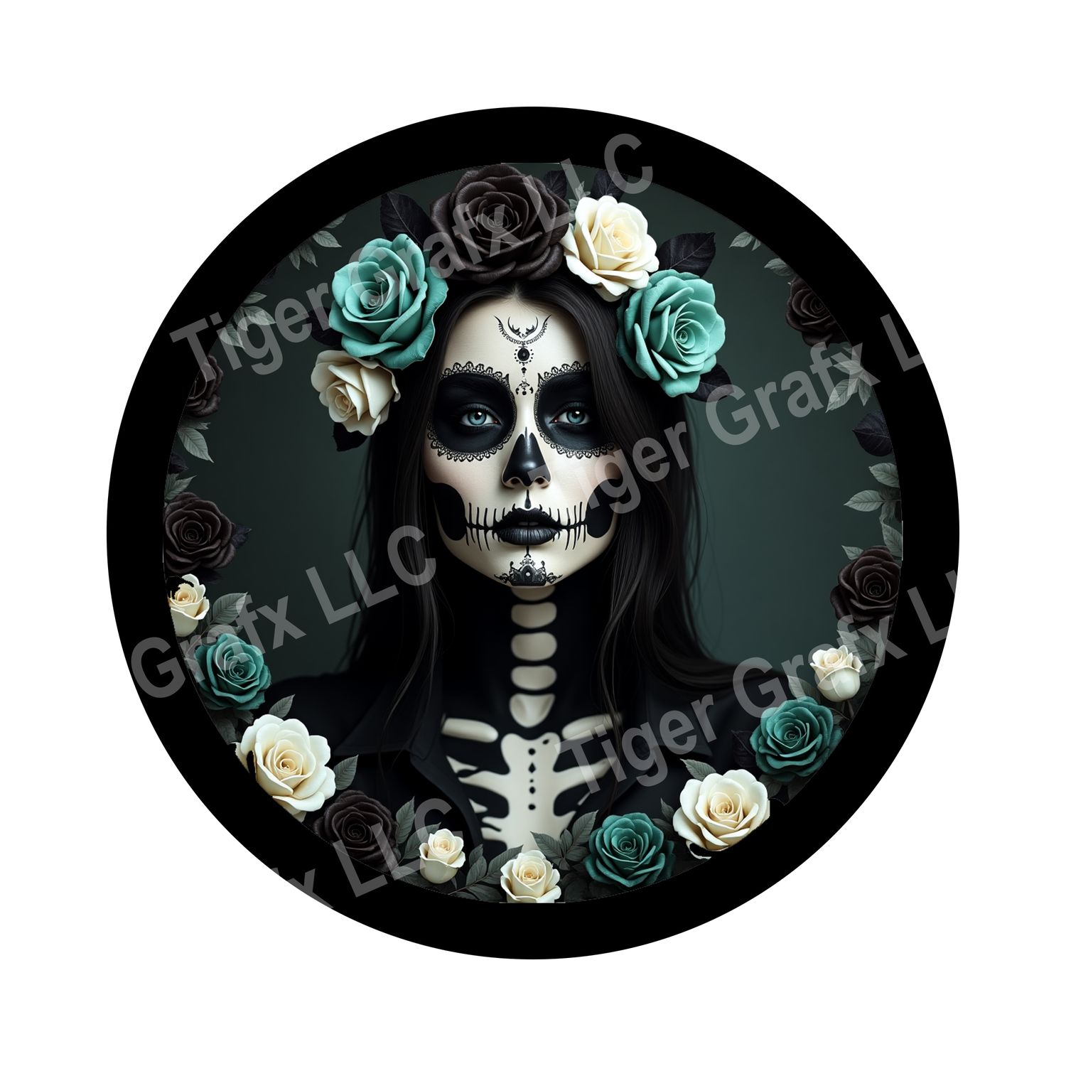 Skeleton girl with teal roses Halloween Round Metal Sign