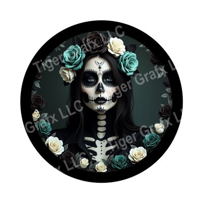 Skeleton girl with teal roses Halloween Round Metal Sign