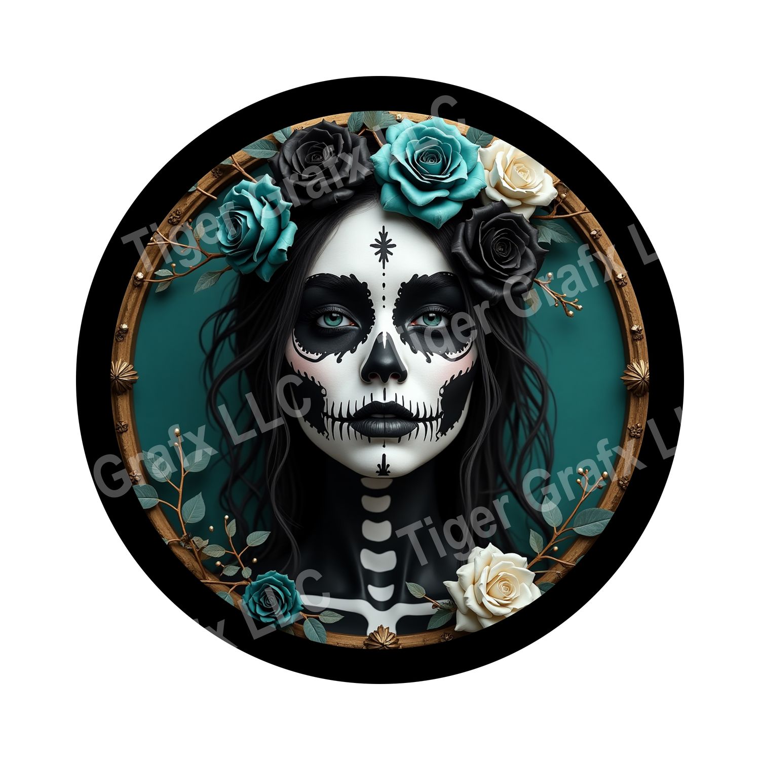 Skeleton girl with teal roses Halloween Round Metal Sign