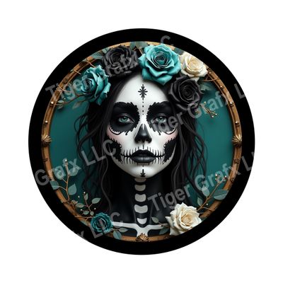 Skeleton girl with teal roses Halloween Round Metal Sign