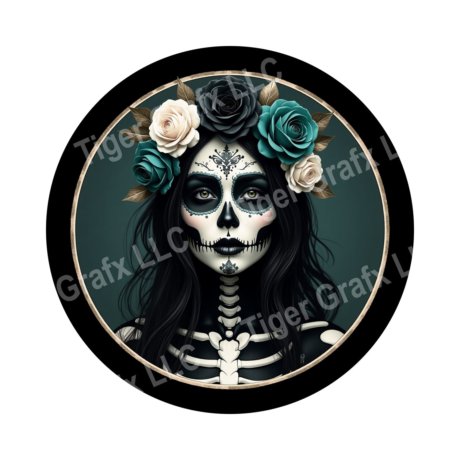 Skeleton girl with teal roses Halloween Round Metal Sign
