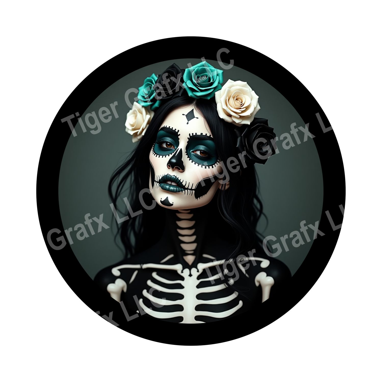 Skeleton girl with teal roses Halloween Round Metal Sign
