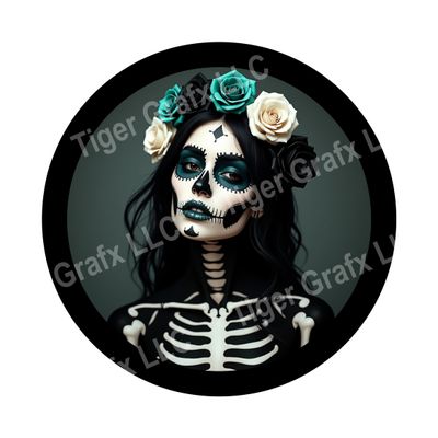 Skeleton girl with teal roses Halloween Round Metal Sign