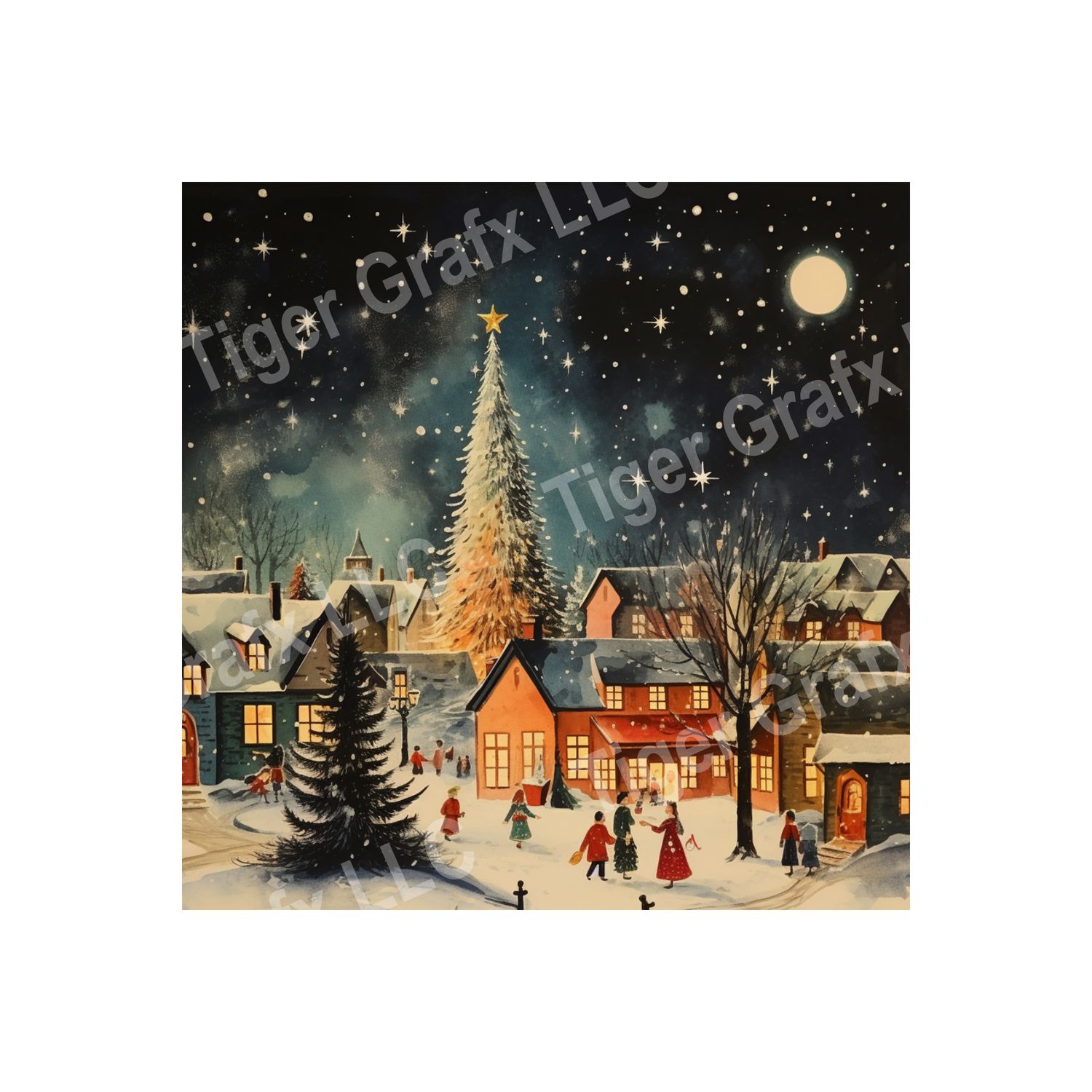 Watercolor Winter Village - 10x10 inch Square Metal Sign