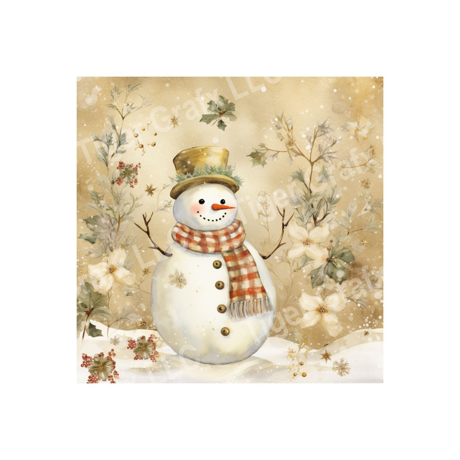Gold Winter Snowman - 10x10 inch Square Metal Sign