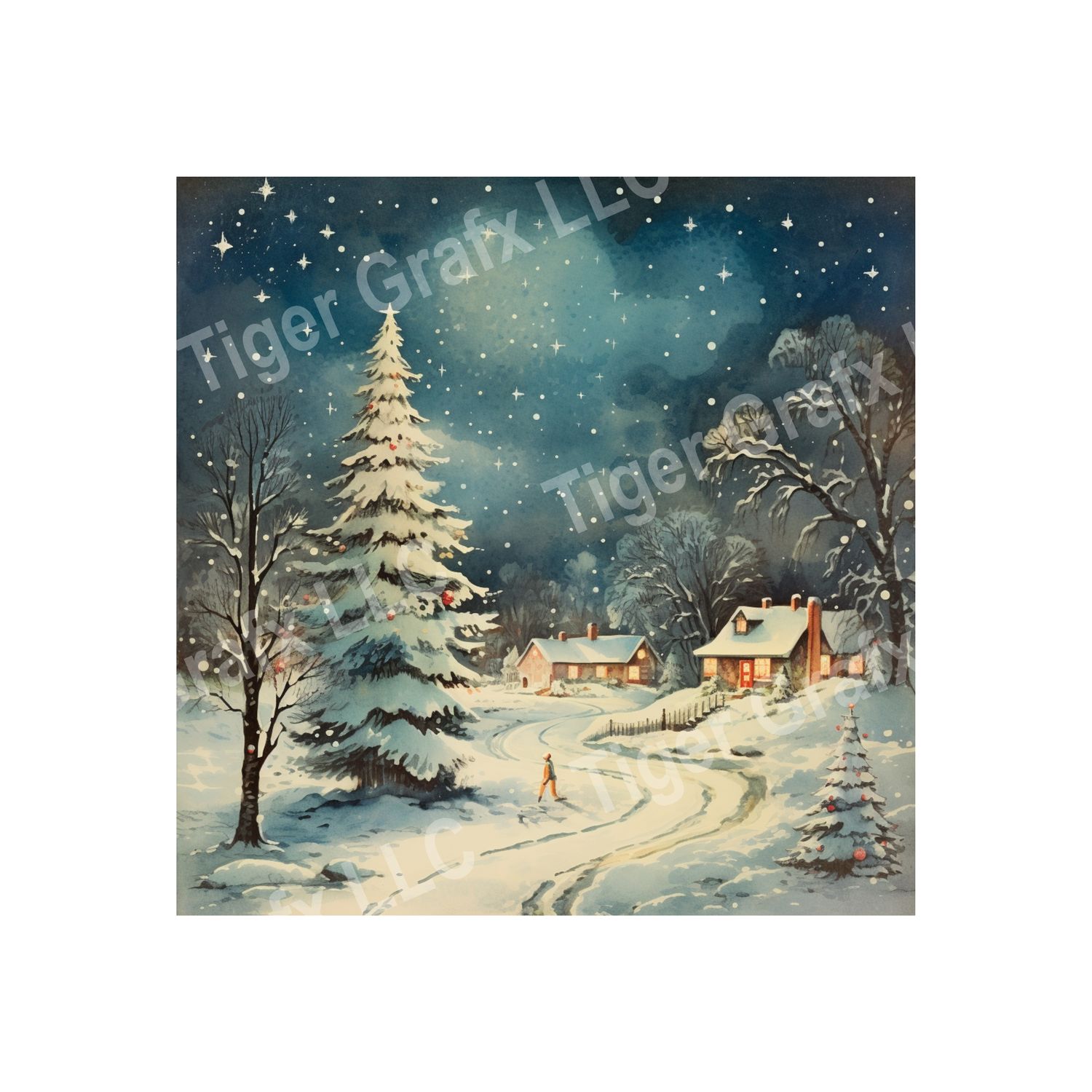 Watercolor Winter Village - 10x10 inch Square Metal Sign