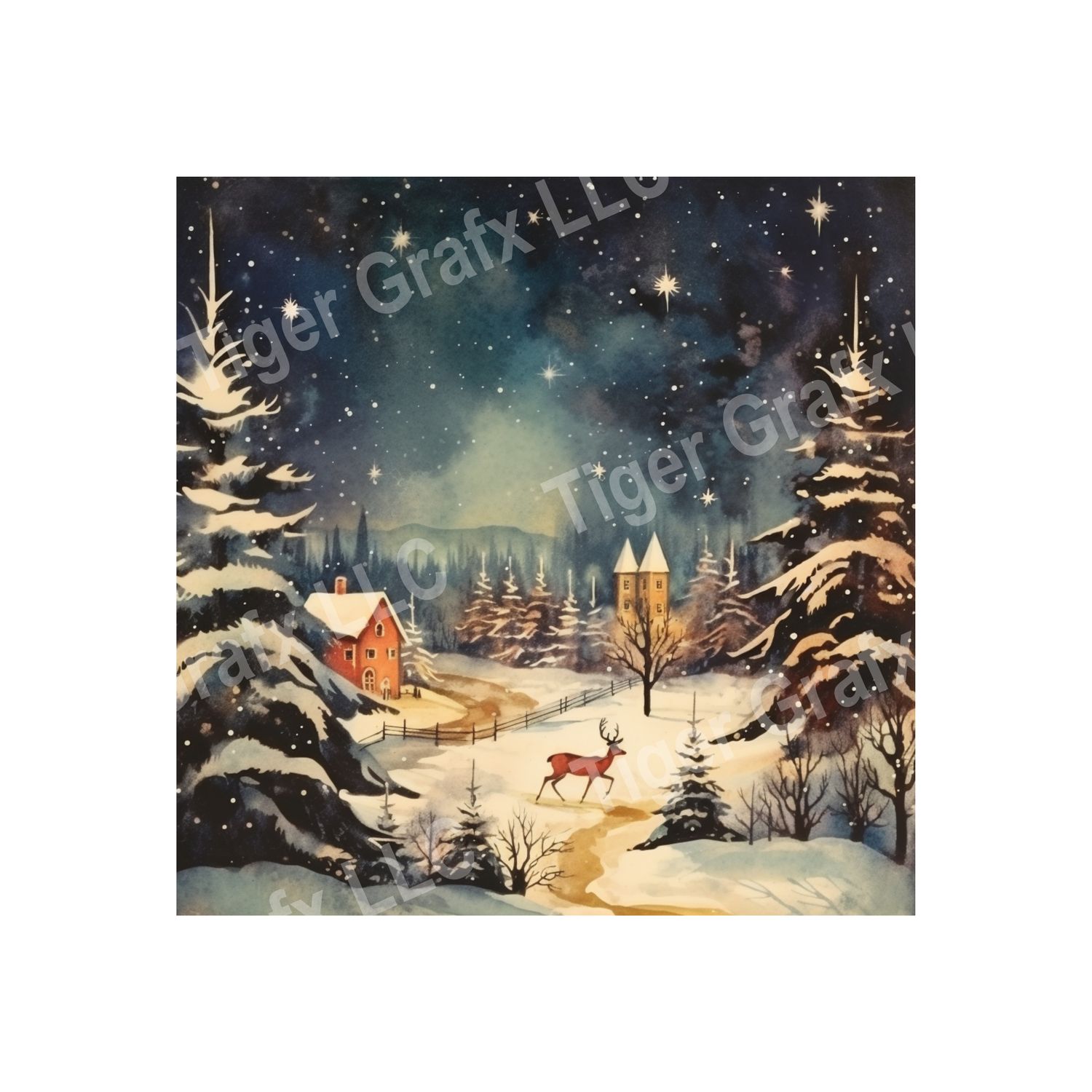 Watercolor Winter Village - 10x10 inch Square Metal Sign