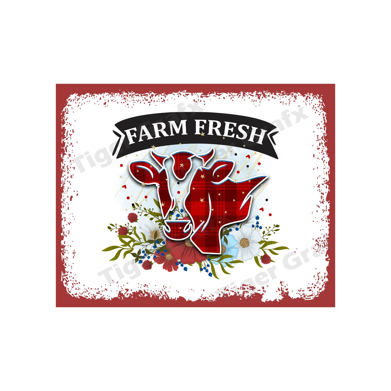Farm Fresh Plaid Cow - 8x10 inch Rectangle Metal Sign