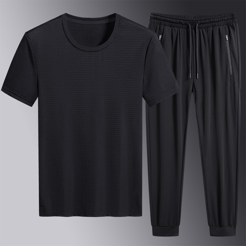 Ice Silk Air Conditioning Casual Suit Men&#39;s Summer Thin Section Simple Trend Large Size Men&#39;s Stretch Mesh Breathable Sports Set