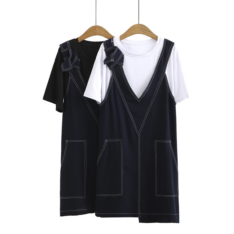 Large size fashion casual suit 200 jin fat MM summer loose Tibetan meat short-sleeved T-shirt strap skirt two-piece set