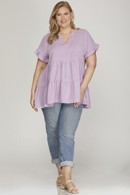 WOVEN TIERED TUNIC V NECK TOP PLUS