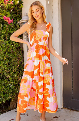 Floral Print Smocked Dress Orange