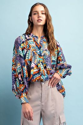 PRINTED BUBBLE SLEEVE TOP