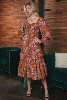 Oddi Paisley Printed Smocked Midi Dress Plus