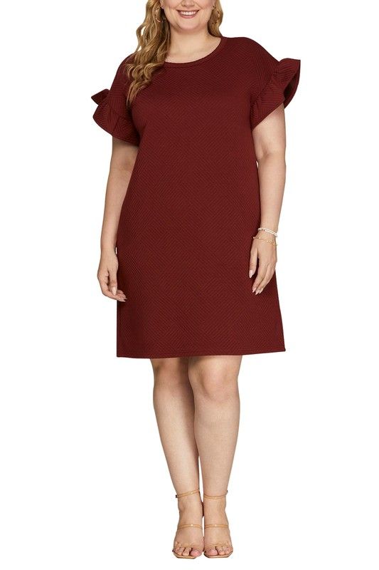 RUFFLED SLEEVE QUILTED KNIT DRESS PLUS