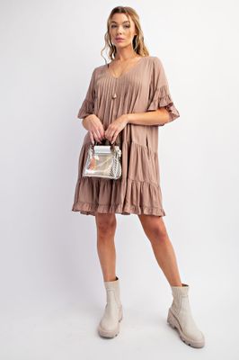 DOUBLE RUFFLE SLVS SOFT LINEN DRESS