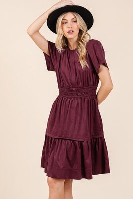 Suede waist smocked short sleeve midi dress