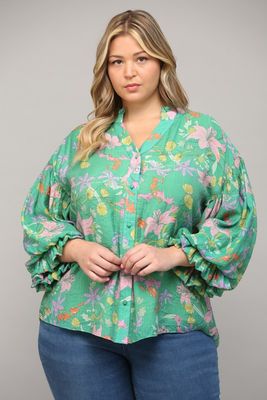 PRINTED BUBBLE SLV SPLIT NECK BLOUSE