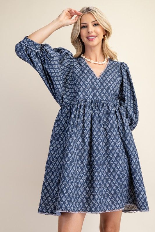 Printed mini babydoll dress with Puff sleeve/lace