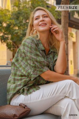 green plaid collared button down top