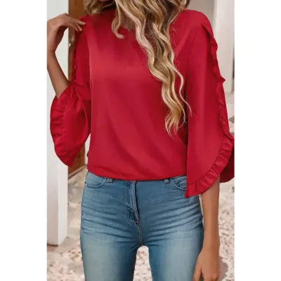 Ldc Round Neck Ruffle Irregular Seven Sleeve Top