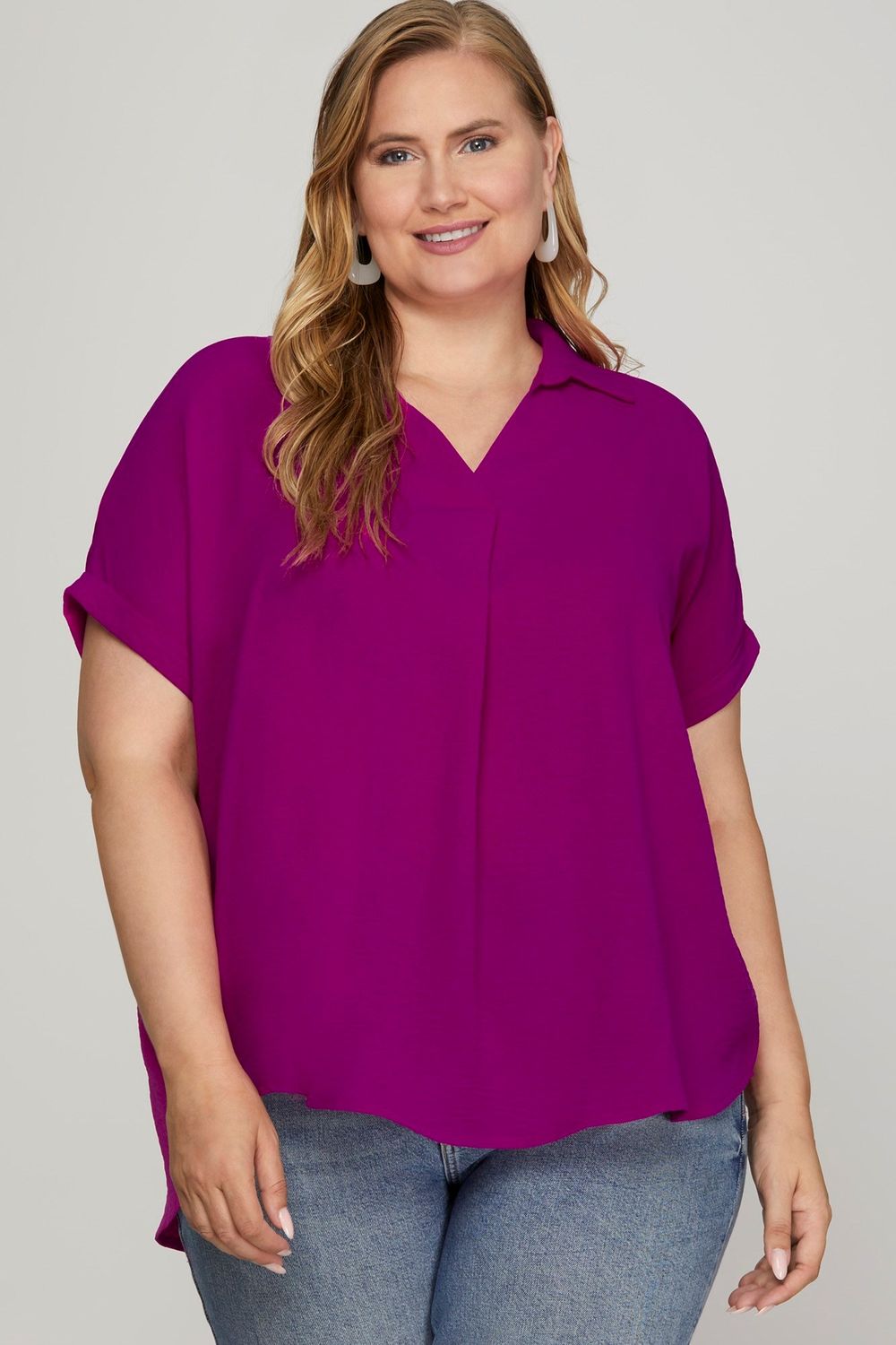Magenta plus drop shoulder  collared top