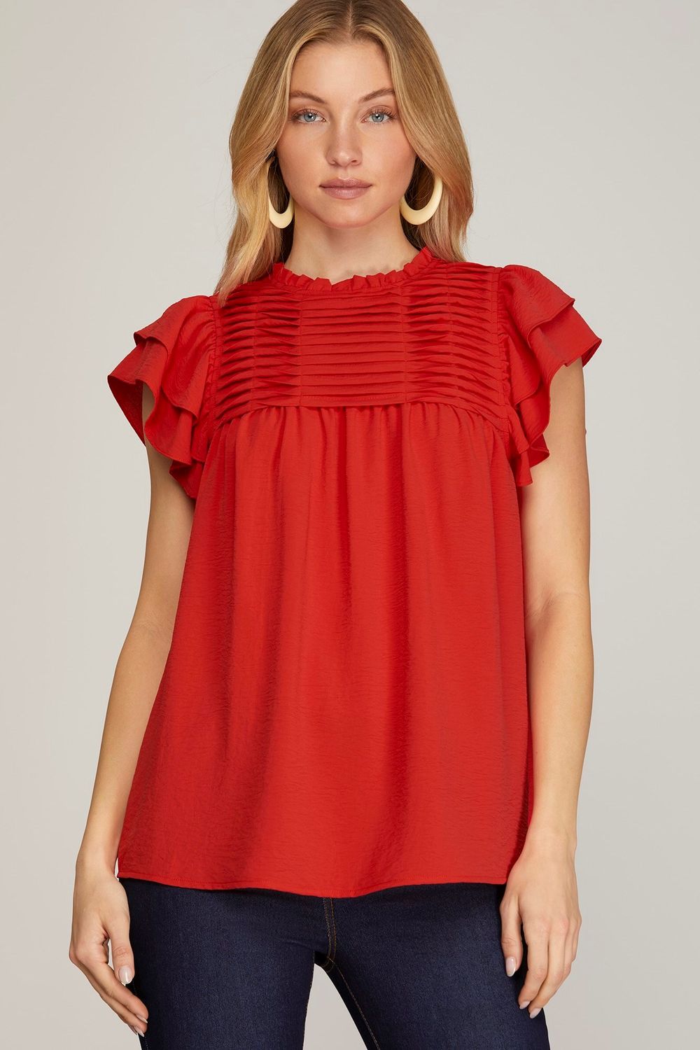 Red Ruffle sleeve Pleated york woven top