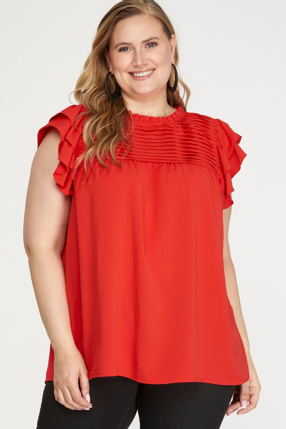 Red Plus Ruffle Sleeve pleated york woven top