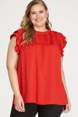 Red Plus Ruffle Sleeve pleated york woven top