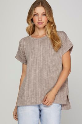 Mocha Grey Drop shoulder ribbed knit top