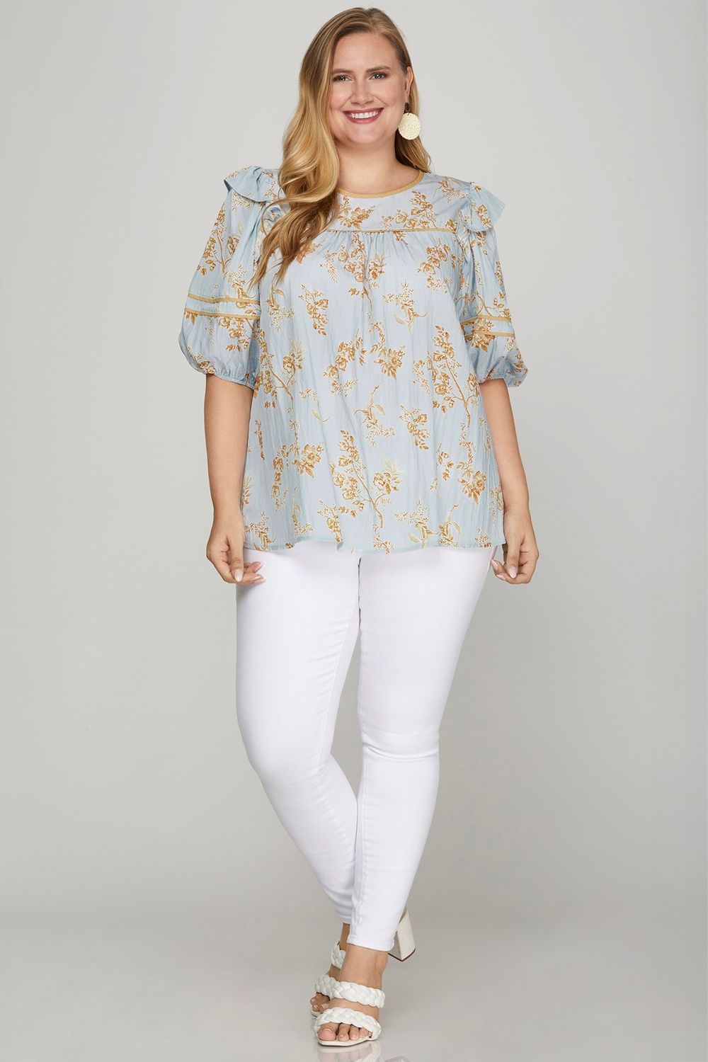 Light blue puff sleeve contrast piping print top