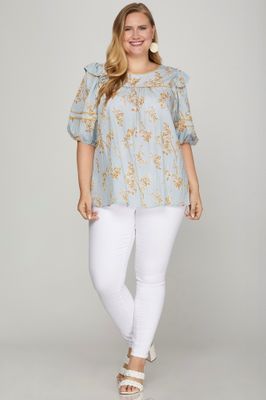 Light blue puff sleeve contrast piping print top