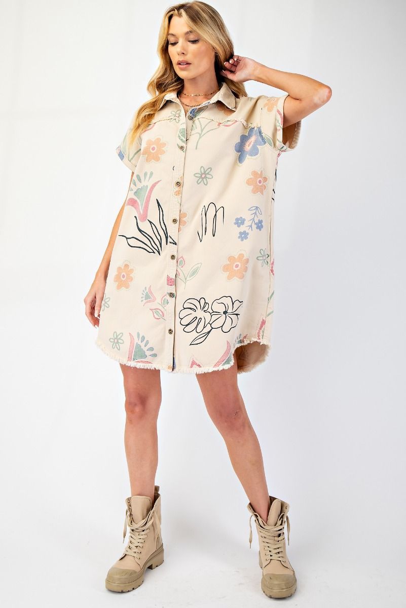 Washed print twill shirt dress