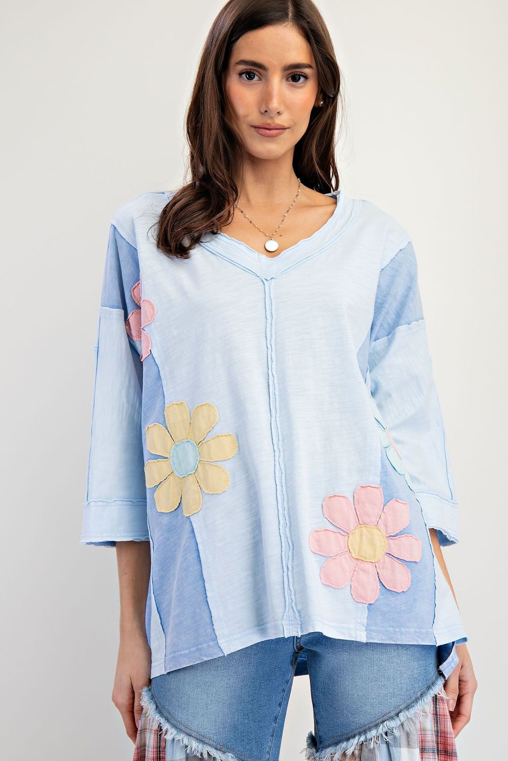 Sky blue half sleeve v neck flower shirt