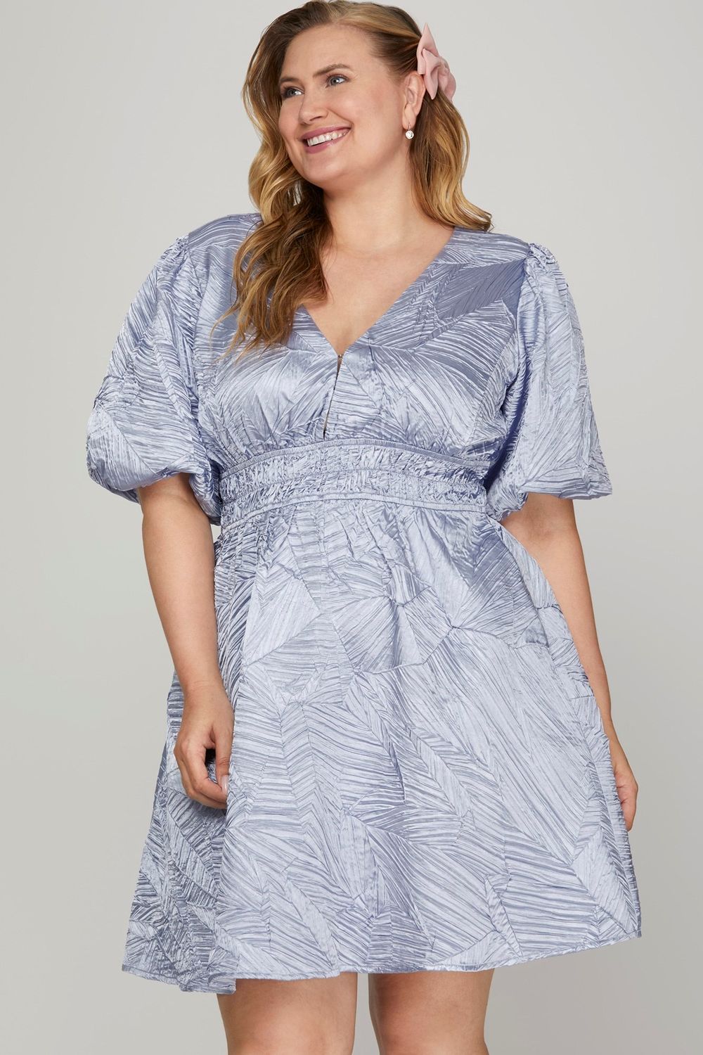 blue grey balloon sleeve plunge neck woven dress