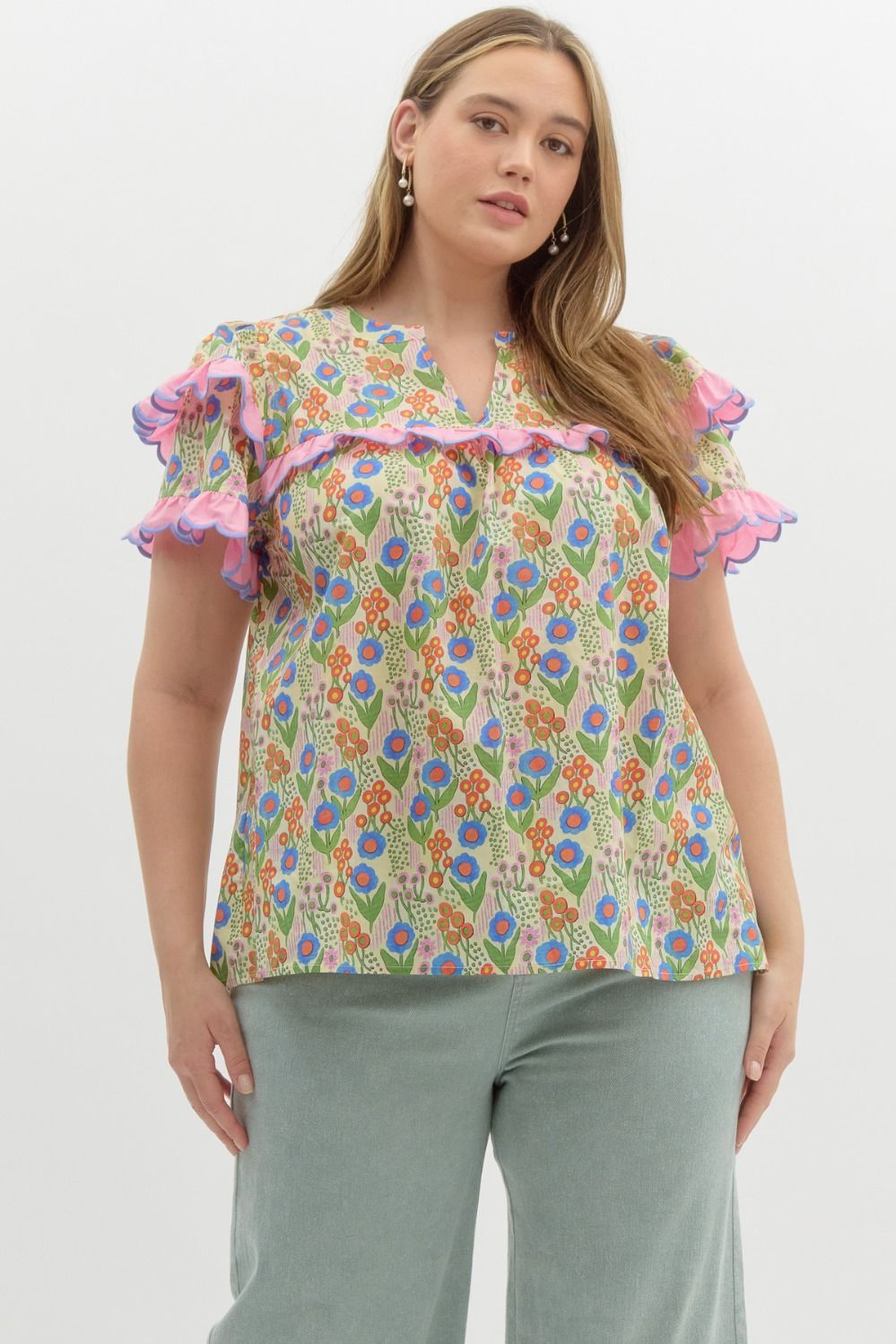 Floral print v-neck double layer ruffle Top