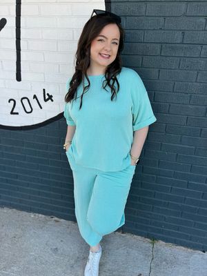 Mint drop shoulder short sleeve ribbed knit set