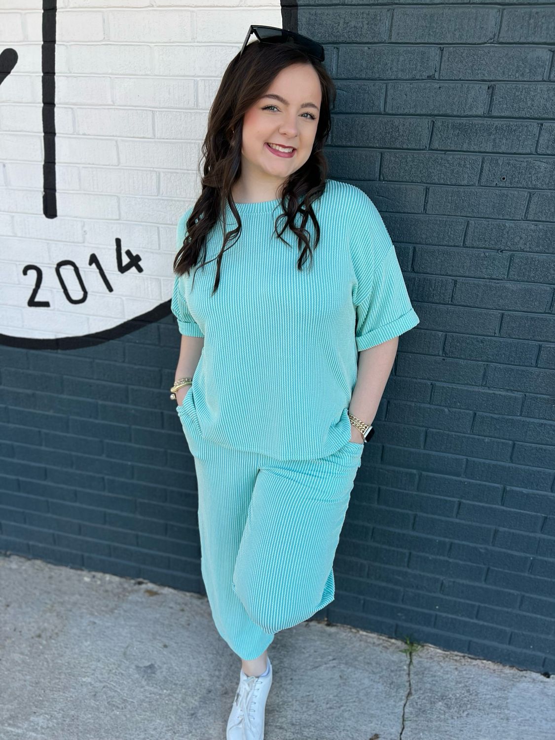 Mint drop shoulder short sleeve ribbed knit set