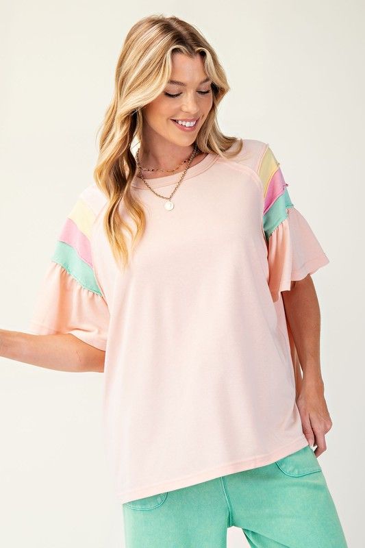 COLOR MIX SLVS COTTON JERSEY KNIT TOP PLUS