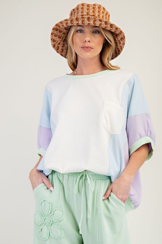 COLOR BLOCK MINERAL WASHED TERRY KNIT TOP