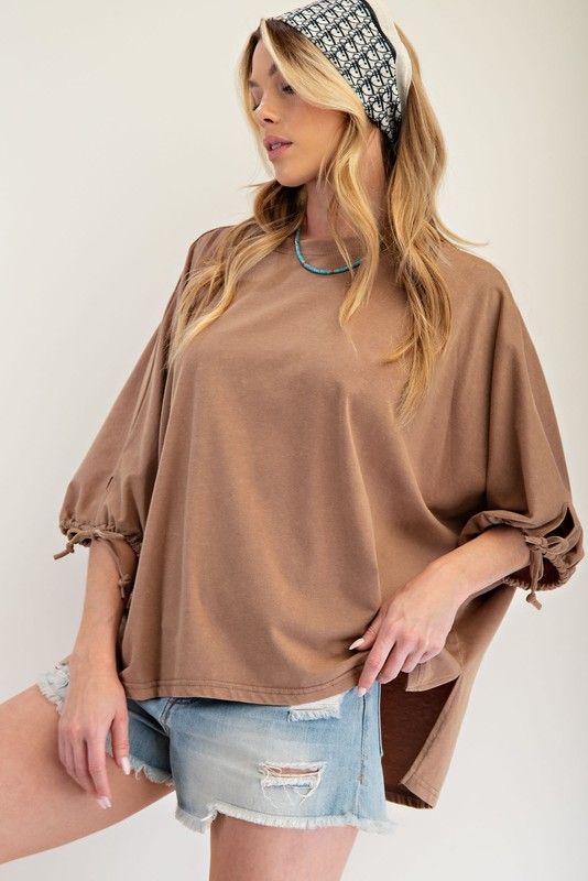 HALF SLVS MINERAL WASHED KNIT TOP