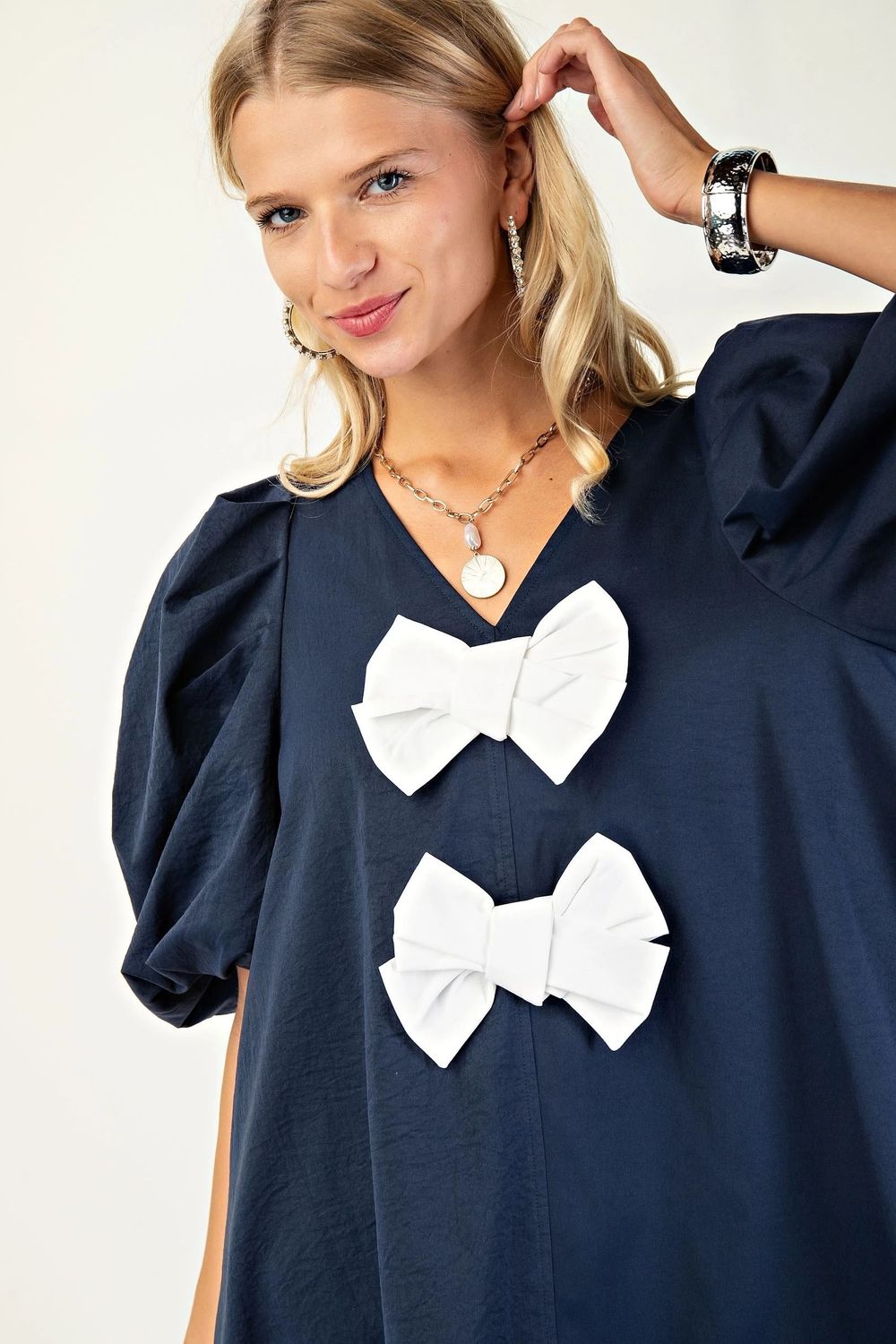 A-Line Mini Dress with White Bows on Front