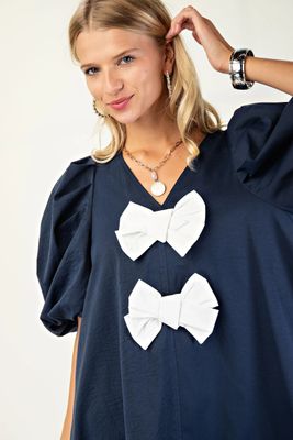 A-Line Mini Dress with White Bows on Front