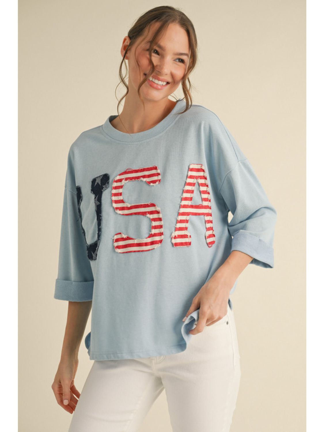 USA patched sweatshirts top with U-neck