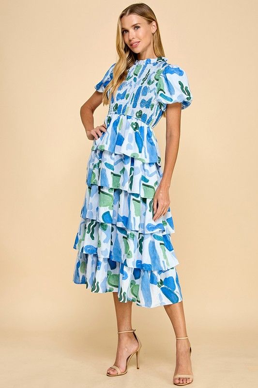 Abstract Print Bubble Sleeve Smocked Detail Dress